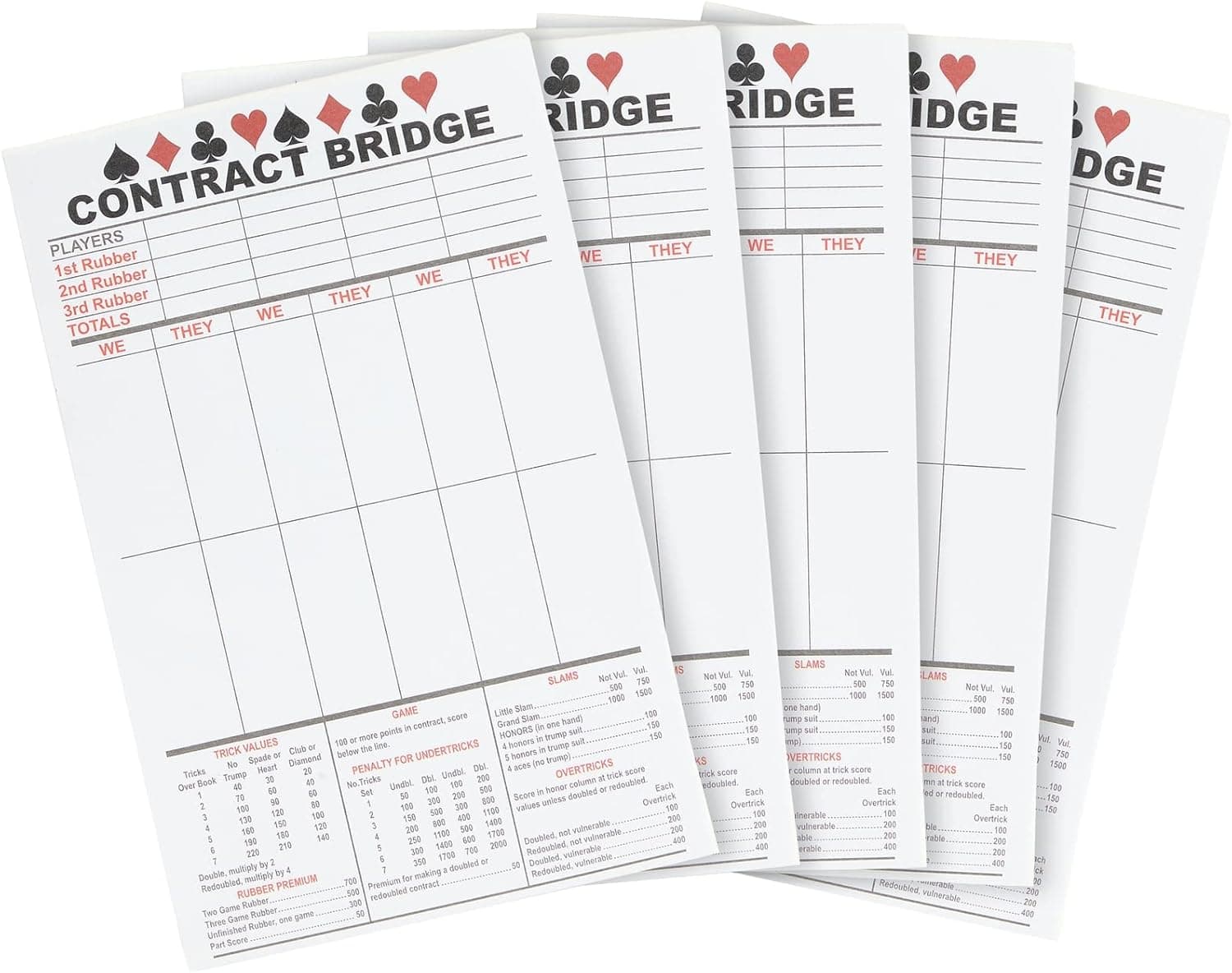 Best Paper Greetings 250 Sheets Contract Bridge Score Pads with Trick Values and Tallies, Game Score Cards (5 Notepads)