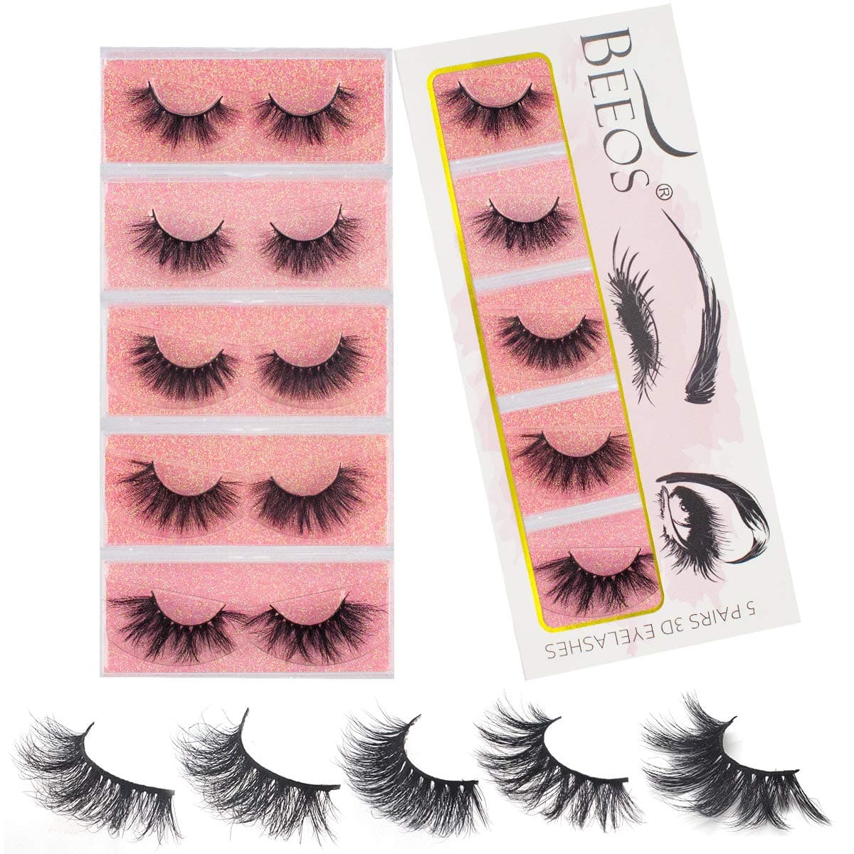 BEEOS 3D Mink Eyelashes,False Eyelashes,Dramatics Long Bushy Type 18-25mm 5 Styles Multipack, Siberian Mink Fur Lashes Hand Made Strips Real Natural Reusable Fake Eyelashes 5 Styles/Mixed 1