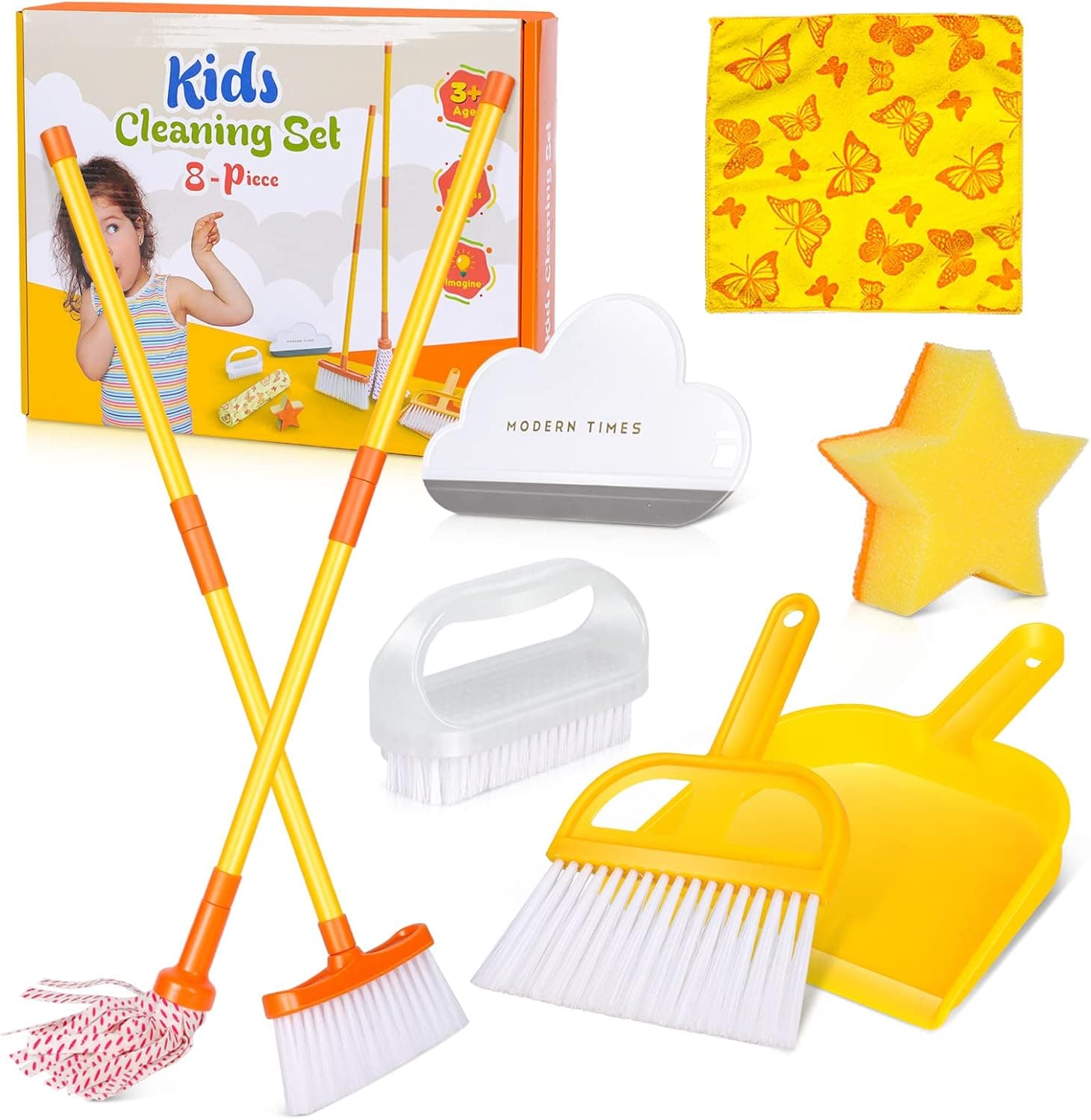 MASTERTOP Kids Cleaning Set,8 Piece Toddler Toy Cleaning Set-Include Broom,Mop,Dustpan,Brush,Sponge,Cleaning Cloth,Window Scraper,Pretend Play Children Housekeeping Kit Gift for Ages 3+
