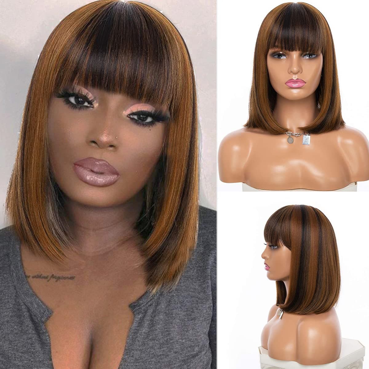 KIRIN PAN LIGHT YOUR BEAUTY Short Straight Bob Wig 12ich Highlight Synthetic Bob With Bang For Black Women Full Head Hair Natural Looking Heat Resistant Wigs for Party Daily Wear