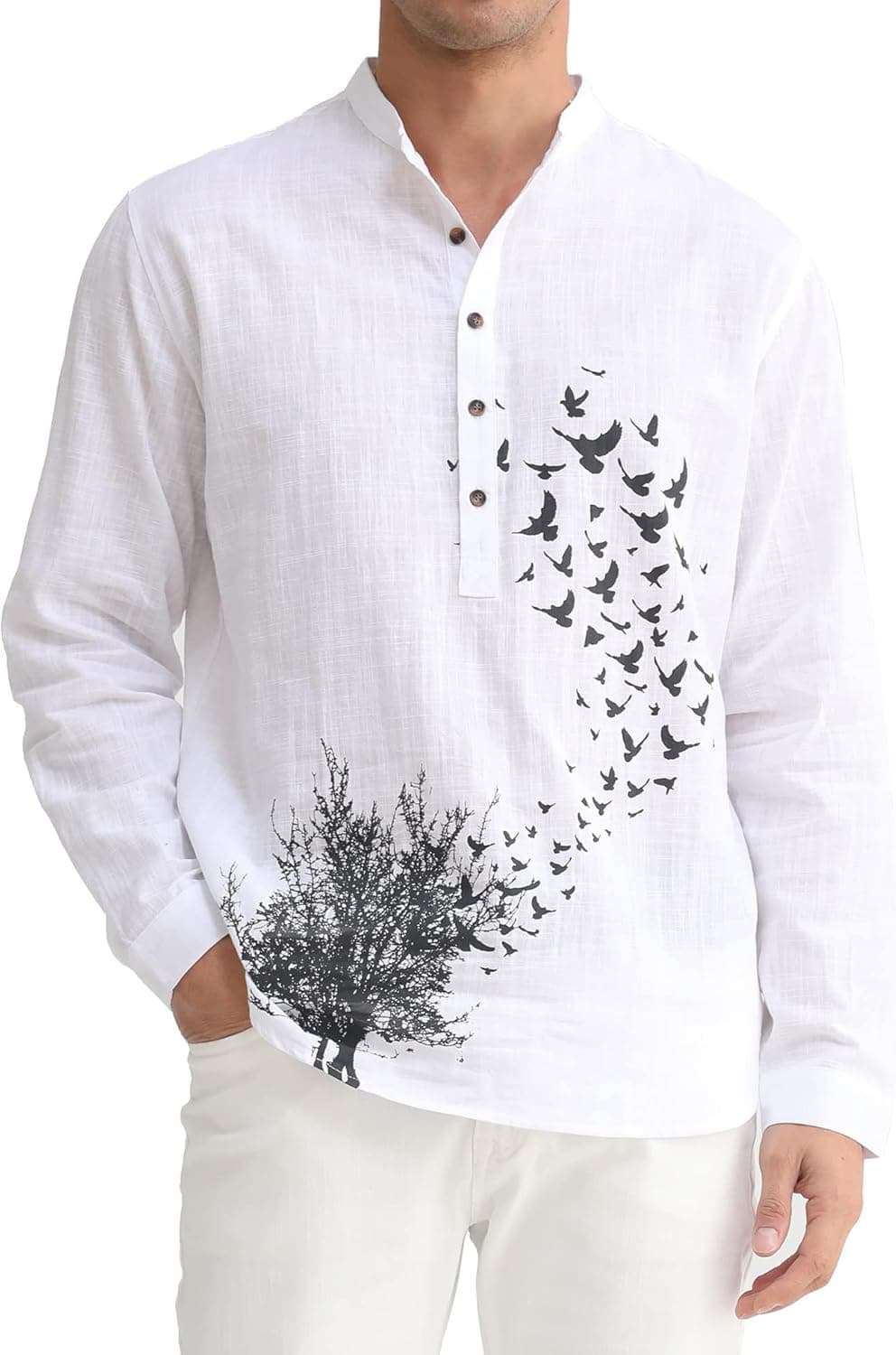 zeetoo Mens Linen Shirts Casual Print Henley Beach Shirts for Men Long Sleeve Button Down Summer Shirt Loose Fit Tee Tops