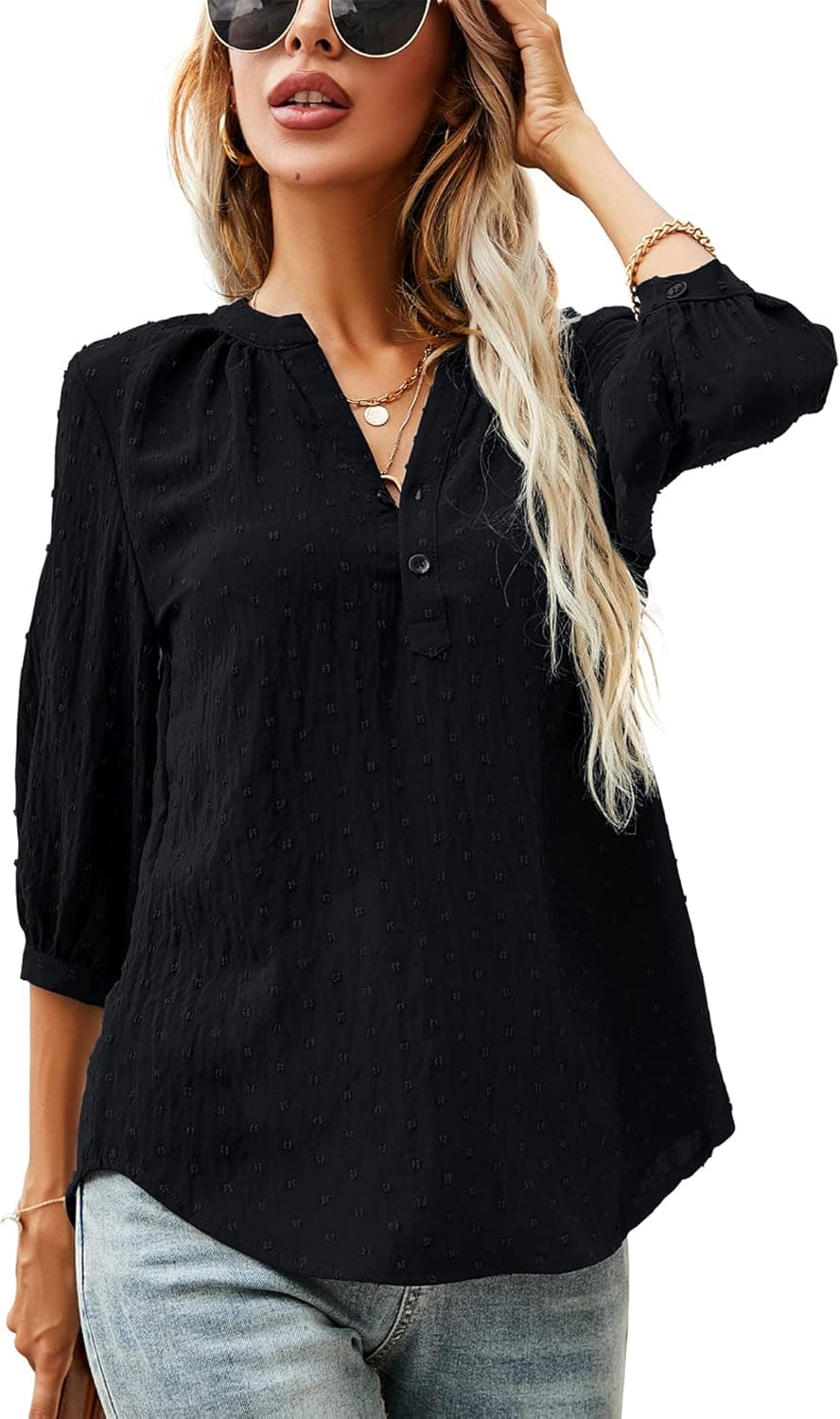 LOMON Women's Casual 3/4 Sleeve Henley V-Neck Button Up Pleated Back Blouses Swiss Dot Blouse Tops T-Shirts S-XXL