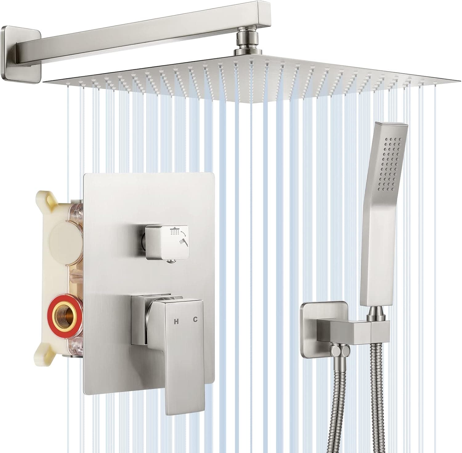 NERDON Shower System, 12 Inch Brushed Nickel Luxury Rain Shower Head with Handheld Combo Set, Wall Mounted High Pressure Dual Shower Head System, Bathroom Shower Faucet set with Valve Body and Trim
