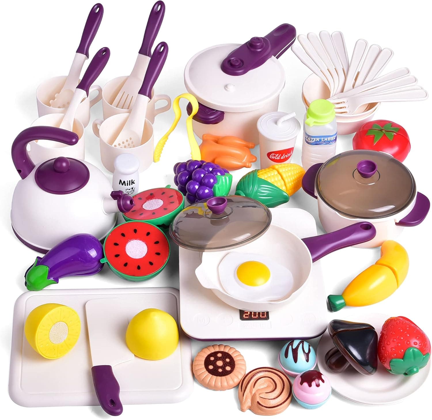 FUN LITTLE TOYS 53 PCs Pretend Play Kitchen Toy Include Play Food, Cooking Utensils, Cutting Food and Cooking Kits, Learning Gift for Girls Boys Toddlers