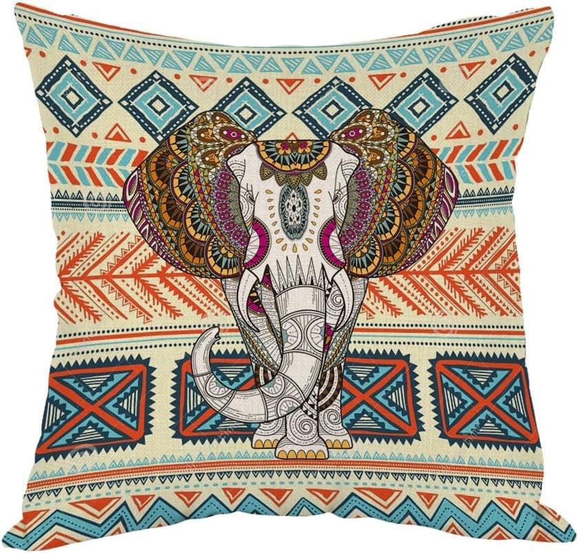 Moslion Elephant Pillow,Home Decorative Throw Pillow Cover Aztec Elephant with Muticolor Background Cotton Linen Cushion for Couch/Sofa/Bedroom/Livingroom/Kitchen/Car 18 x 18 inch Square Pillow case