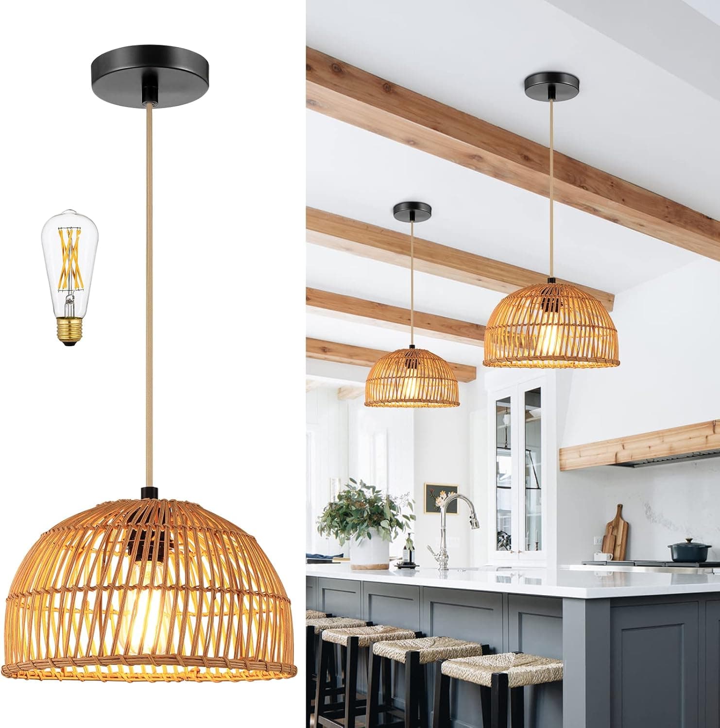 Ruzectt Rattan Pendant Lights, Adjustable Hanging Light Fixtures,Farmhouse Light Fixtures,Wicker Pendant Light Fixtures for Kitchen Island Living Room Bedroom Hallway(Bulb Included)