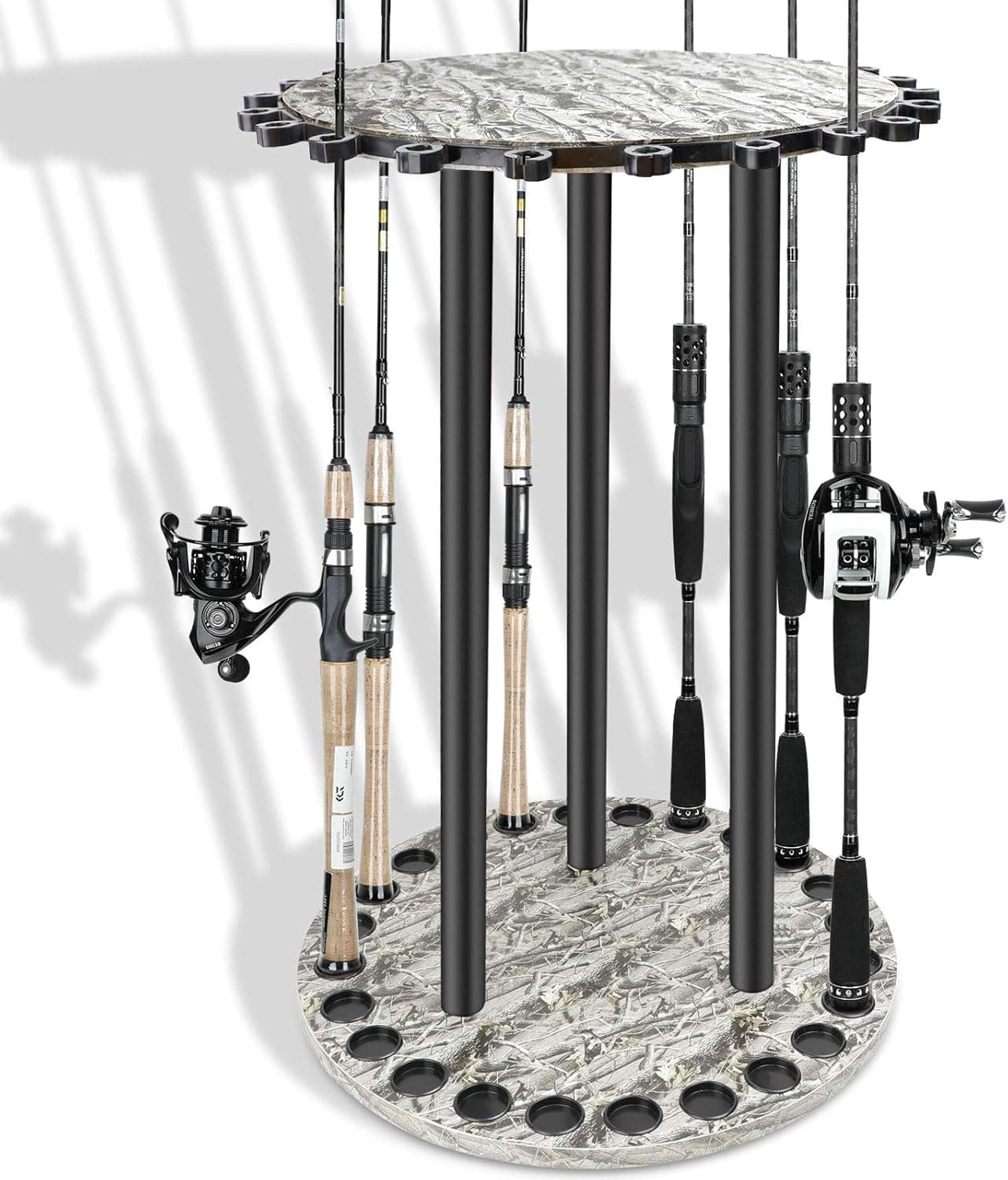 LUXHMOX Fishing-Holder Stand Holds up to 24 Rod-Rack for All Types of Rods and Combos Storage Organizer for Garage, Sports and Outdoor (Round)