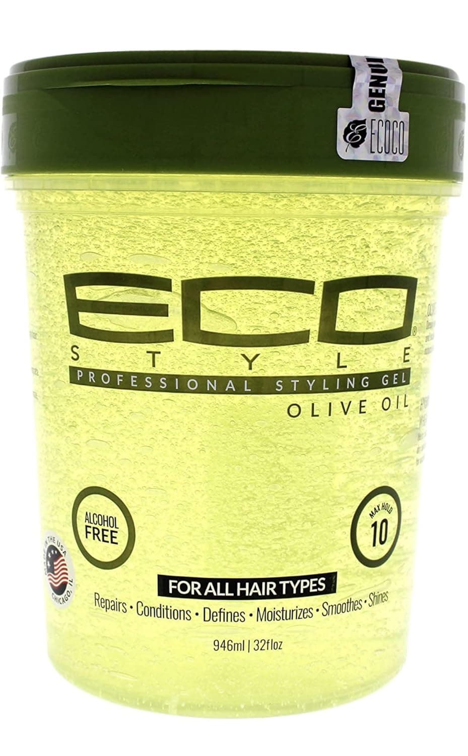 Eco Style Styling Gel, Olive Oil Gel 32 Ounce (Including 3 pc Bone Tail Rat Tail Hair Comb & 20 Piece Black Hair Ties Ponytail Holders) Eco Styler Olive Oil Gel