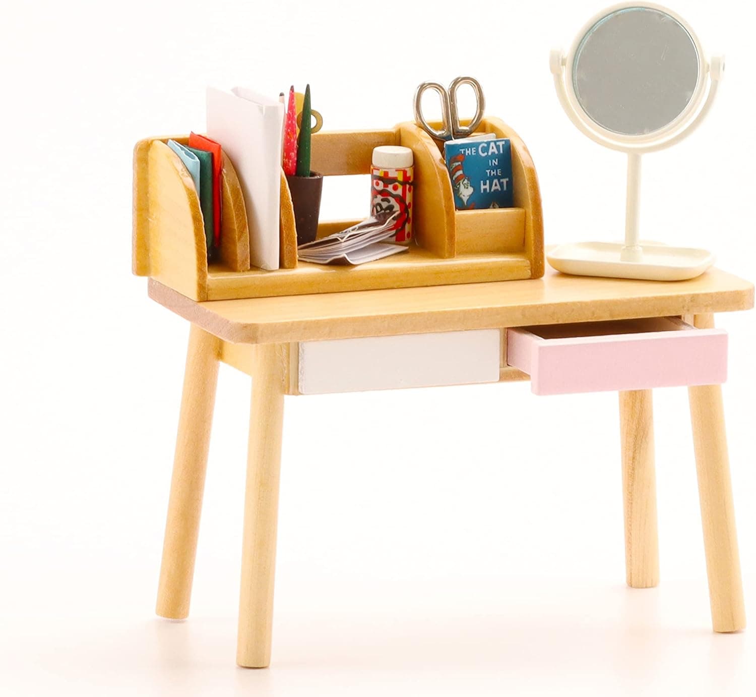 3 Pcs Mini Study Room Miniature Table Bookshelf Mirror Dollhouse Accessories for Doll 1/6 1/12 Scale