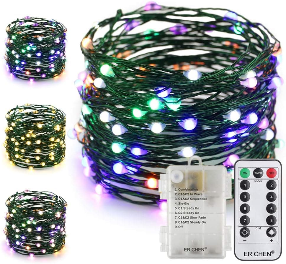 ER CHEN Battery Operated Fairy String Lights with Remote Timer, 33Ft 100 LED Color Changing 8 Modes Green Copper Wire Christmas Lights for Bedroom Indoor Outdoor Decor (Warm White & Multicolor)