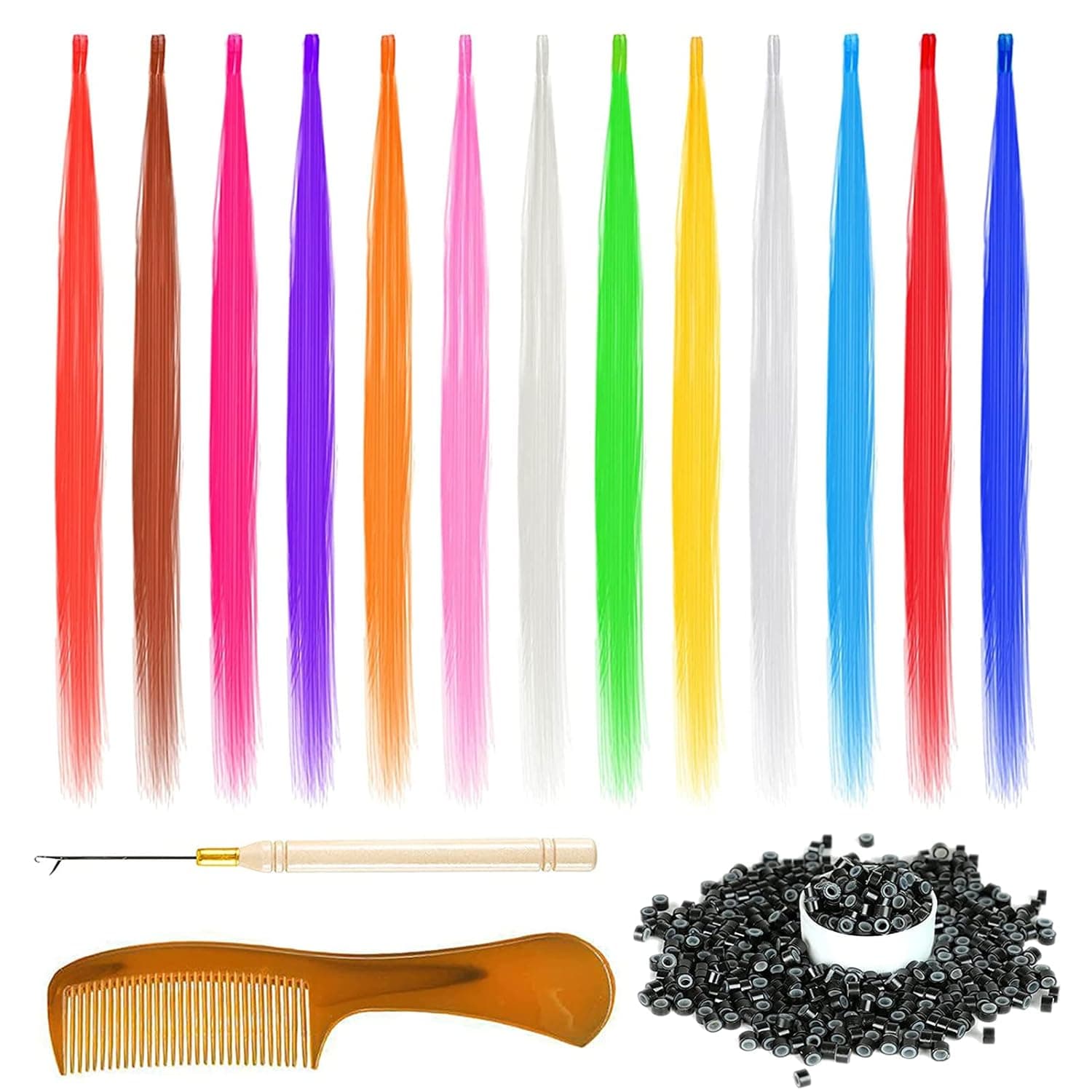 13 Pieces 13 Colors Mixed Color Synthetic Feather Extension Hair (Not Real Feathers) With 100Pcs Silicone Lined Micro Rings 1 Crochet Hook 1Pcs Little Comb (20 inch, 13PCS*13Colors)