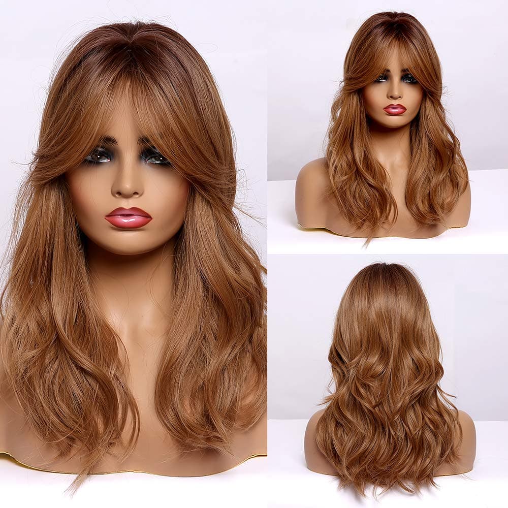 HAIRCUBE Ombre Orange Wigs Shoulder Length Curly Honey Brown Wigs for Women Long Wave Auburn Wigs with Bangs