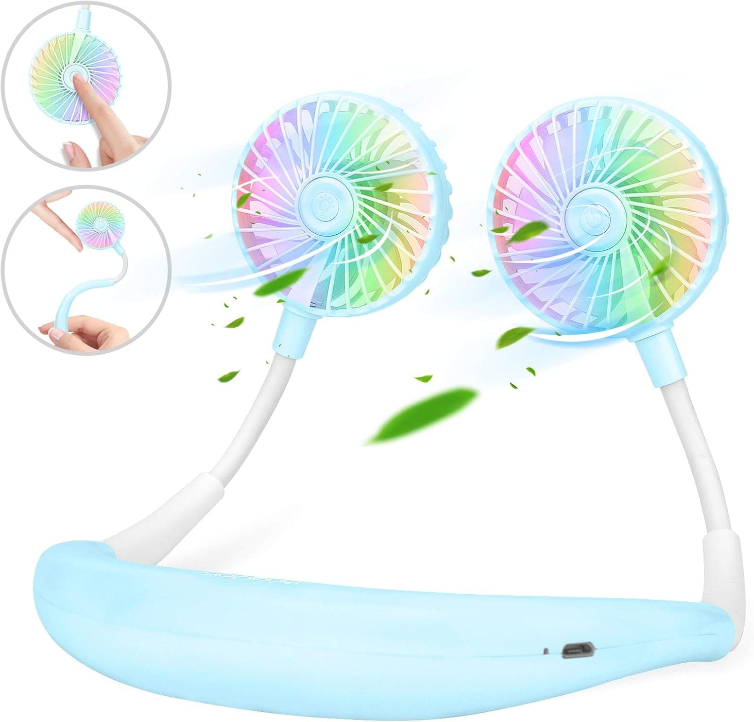 AngLink Portable Neck Fan with Colorful Led Light 360° Rotation | Quiet Hand Free USB Rechargeable Battery Operated Small Personal Fans for Kids Travel Camping Outdoor Office | Blue