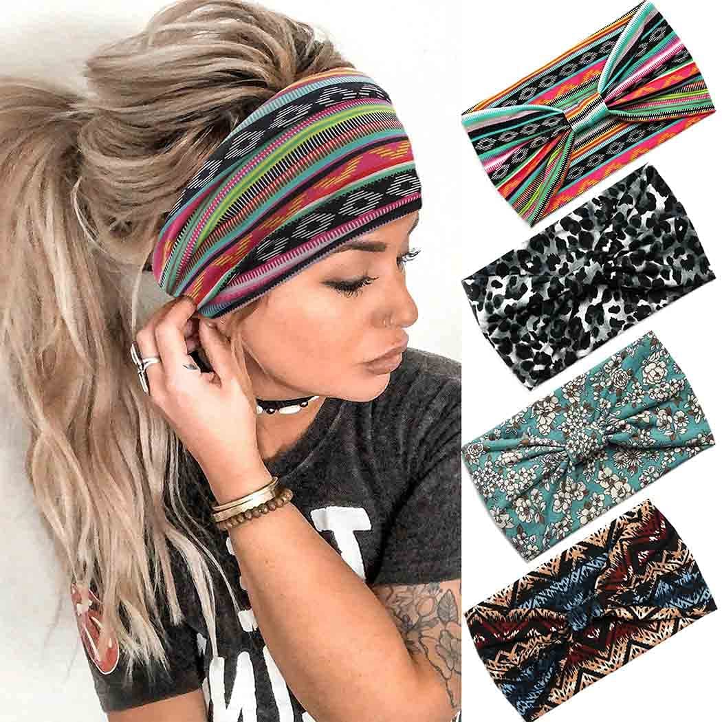 Aceorna Boho Headbands Wide Bandeau Hair Band Knot Turban Head Band Stretch Leopard Twist Head Wraps Elastic Yoga Sweatband Stylish Head Bands for Women and Girls 4 Pcs (Set A)