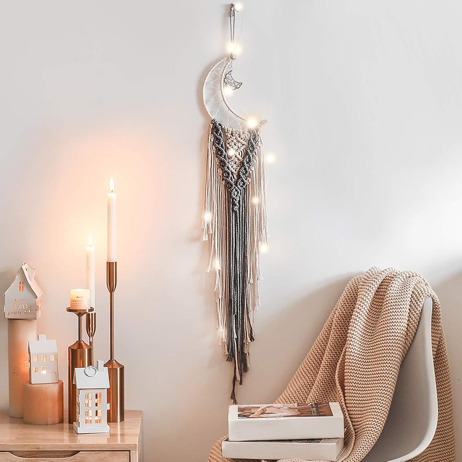 Moon Dream Catcher for Bedroom,Wall Hanging Bohemian Dream Catcher with String Lights, Home Decoration Wedding Birthday Gift Dream Catcher Handmade Gift for Friends (Gray)