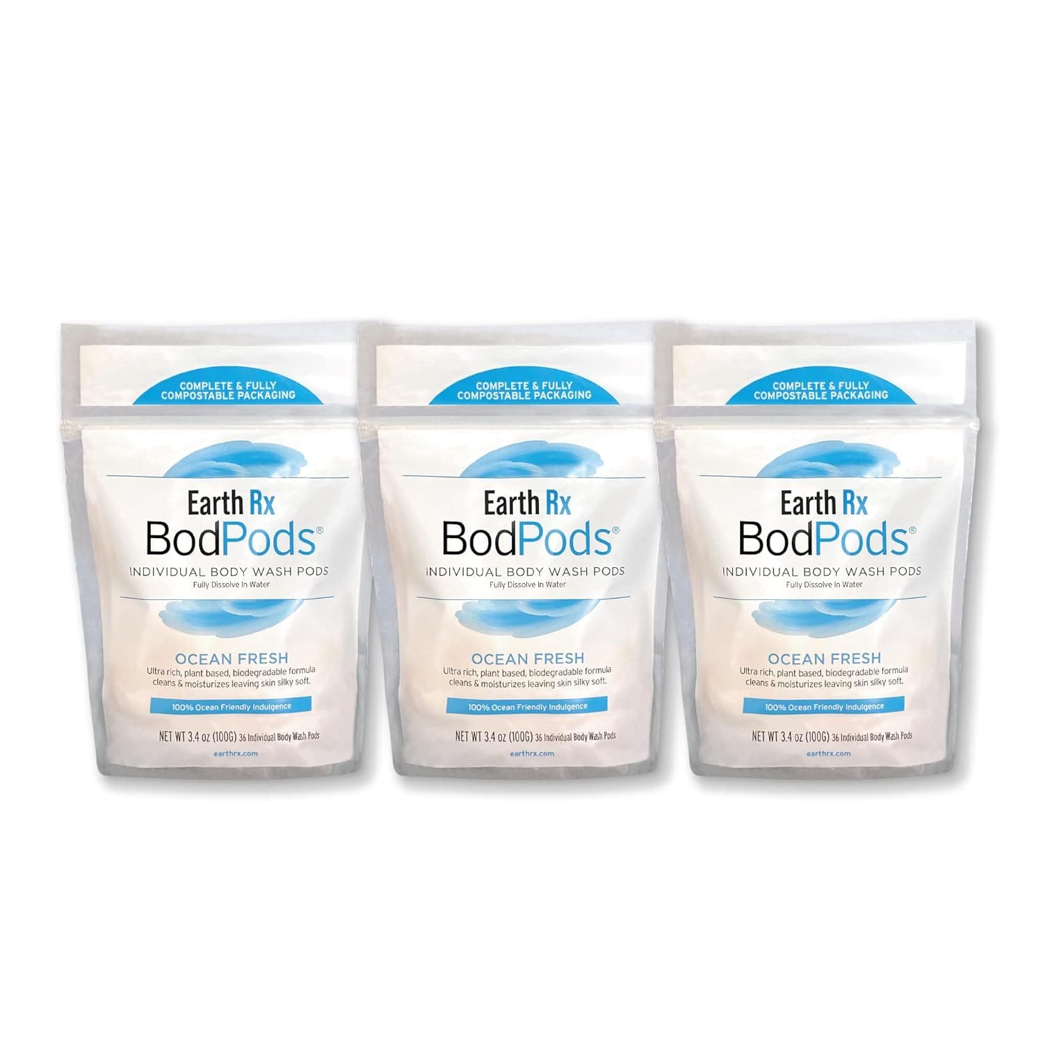 Earth Rx - BodPods, Moisturizing Body Wash Plant-Based, Biodegradable, Compostable Packaging (3-Pack)