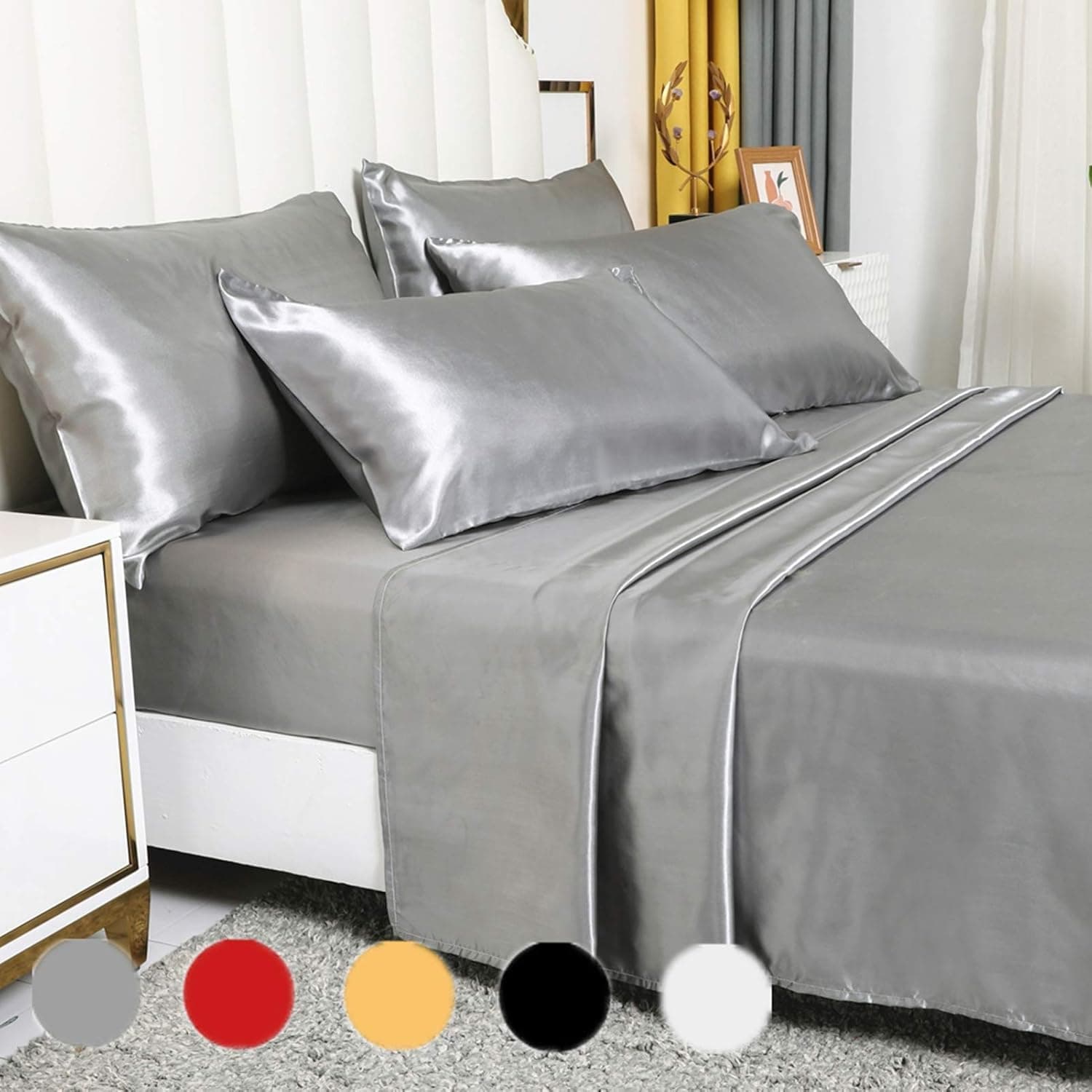 TANPAUL 6- Pieces Silk Bed Sheet Set Luxury Rich Satin Gray Smooth and Silky with Deep Pocket Fitted Sheet,Solid Color Ultra Soft Hypoallergenic Reversible Stain-Resistant (Queen, Grey)