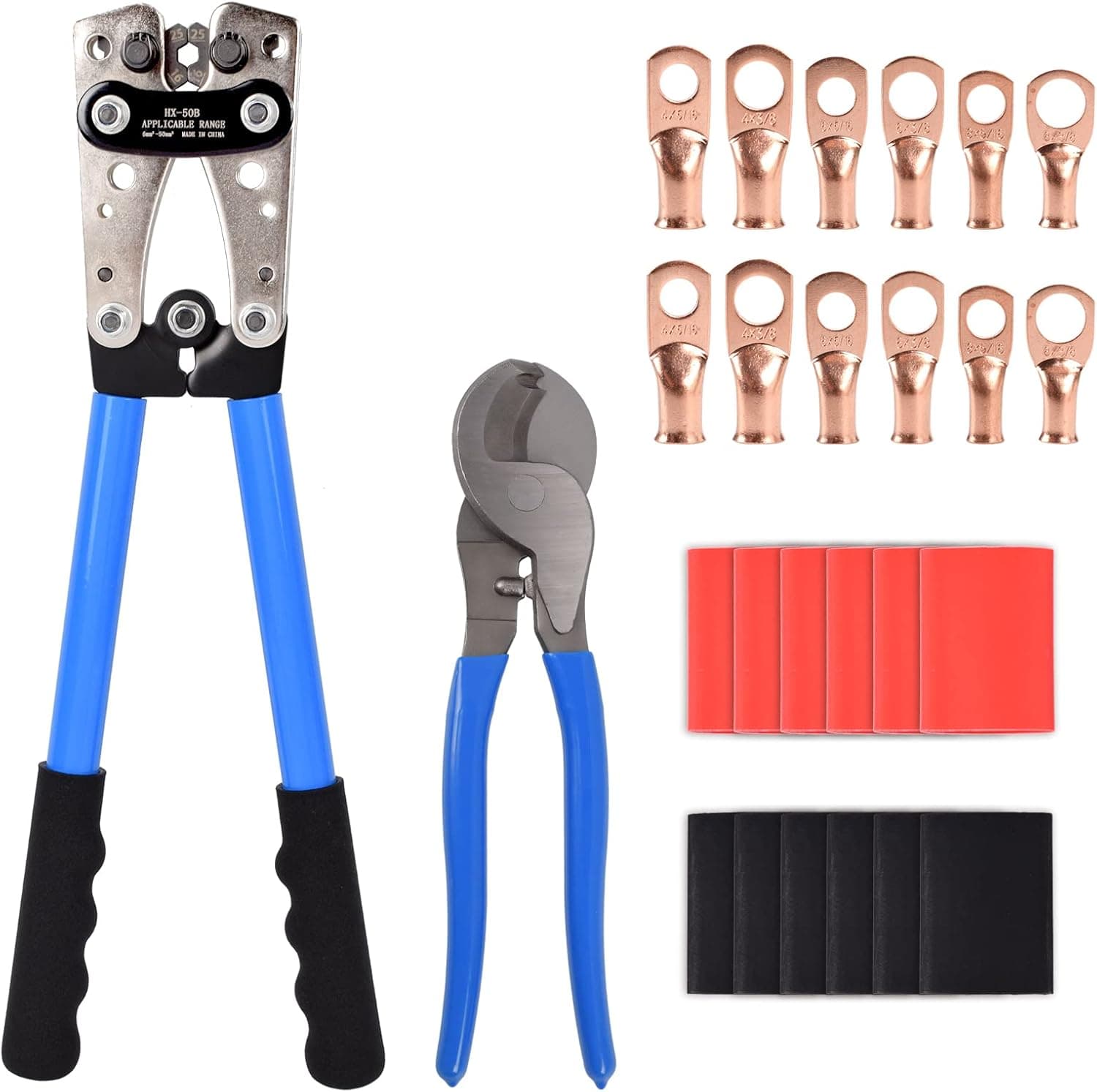 Dnzxaixi Battery Cable Crimping Tool, Battery Terminal Crimper with cable cutter AWG8-1/0 Lug Battery Terminal Connector and 3:1 Dual Wall Adhesive Heat Shrink Tubing