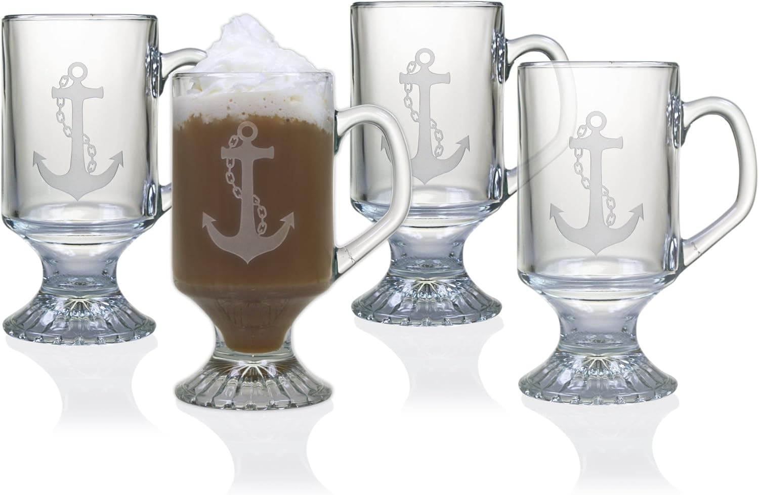 Susquehanna Glass Nautical Anchor Sand Etched Footed Glass Mugs, Set of 4, 10 ounces