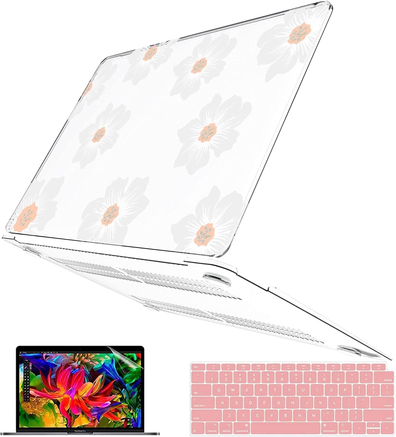B BELK Compatible with MacBook Pro 13 inch Case M2 2022 2021 2020-2016 Release M1 A2238 A2251 A2289 A2159 A1989 A1708 A1706, Cute Glitter Hard Shell Case+Keyboard Cover+Screen Protector, White Flower
