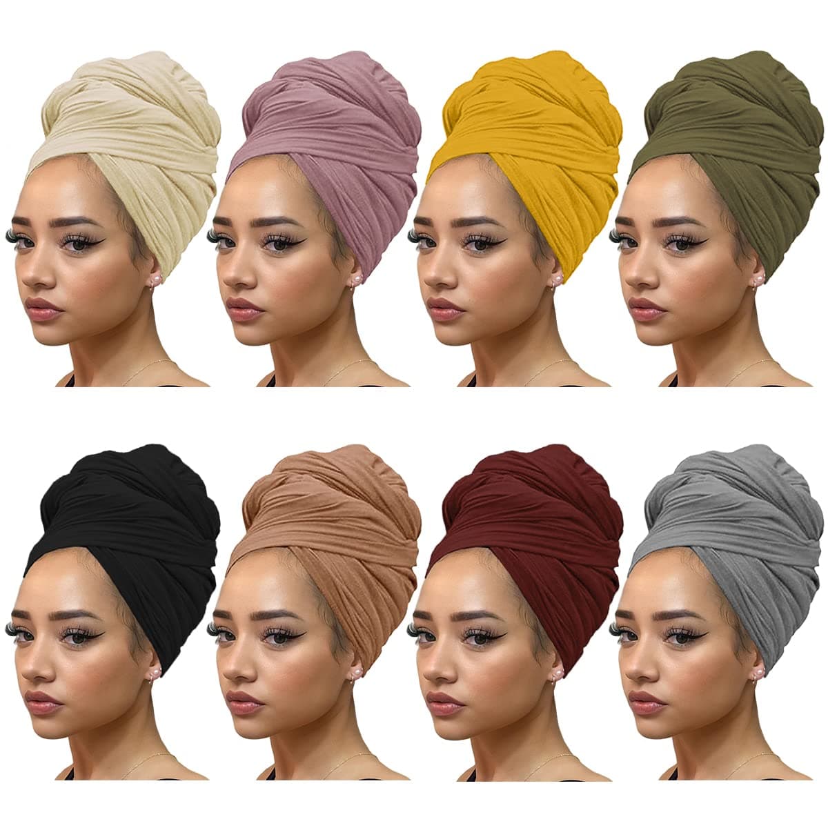 Kachanaa 8 Pieces Stretch Head Scarfs Headbands for Muslim Soft Breathable Head Wraps Turbans Long Hair Hijab Scarves for Women