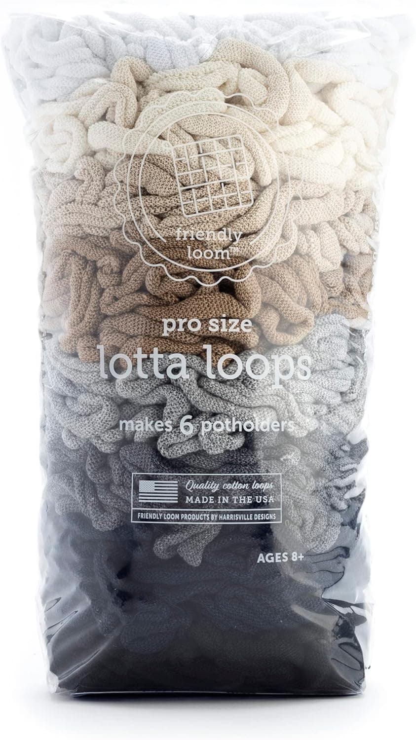 Friendly Loom PRO Size Lotta Loops Neutrals Cotton Loops Makes 6 (8" x 8" ) Potholders by Harrisville Designs Made in The USA