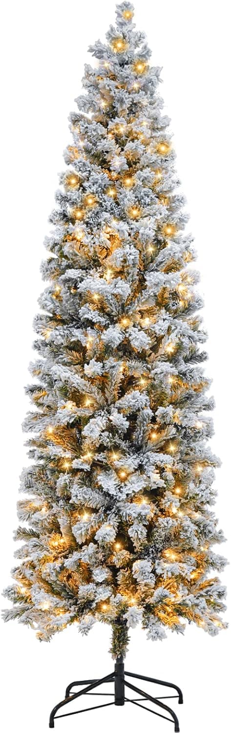 7.5 Ft Pre Lit Flocked Pencil Christmas Tree Artificial Tall Slim Christmas Tree Skinny Big Xmas Tree with 304 Led Lights & 853 Branch Tips, Prelit Christmas Tree for Indoor Outdoor Yard Decorations