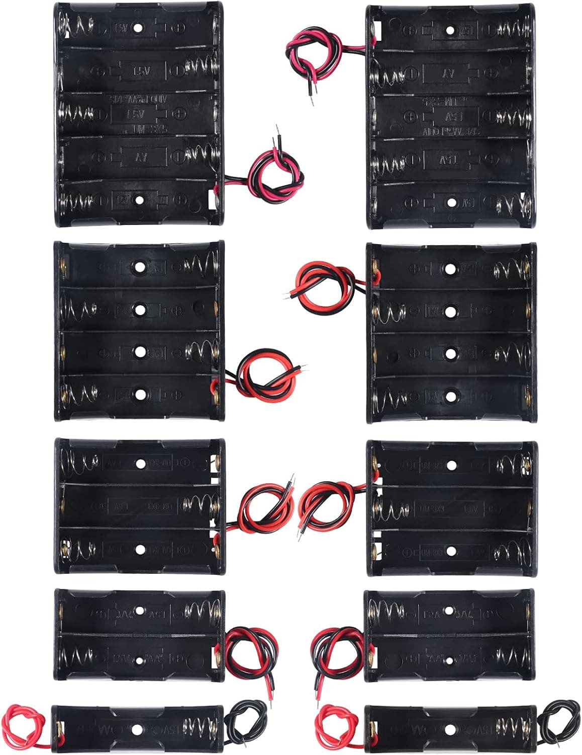 10 PCS AA Battery Holder Bundle with Wire AA Battery Holder Case 1.5V, 1/2/3/4/5 x 1.5V Series DIY Battery Storage Boxes, 1/2/3/4/5 Slots Black Plastic Batteries Case for AA Battery
