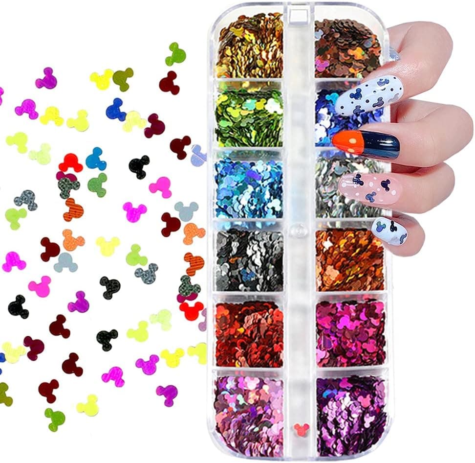 1 Boxed 3D Holographic Mickey Nail Glitter 12 Color/Set Mickey Nail Glitter Sequins Laser Mickey Nail Sequin Acrylic Paillettes for Nail Art Decoration & DIY Crafting