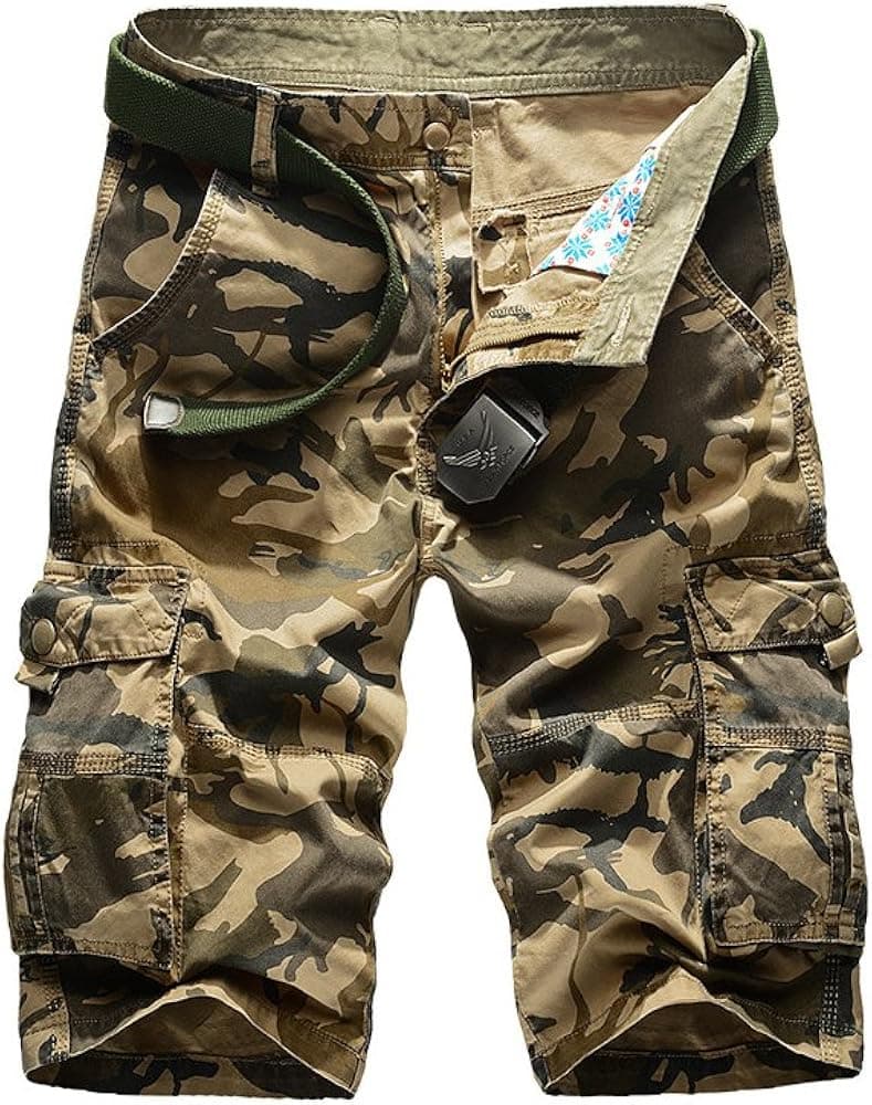 OCHENTA Men's Cotton Beach Pockets Camo Print Cargo Shorts