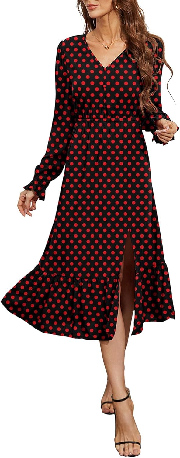LILBETTER Women's Casual Long Sleeve Midi Fall Dress V Neck Ruffled Vintage Floral Print Flowy Long Dresses