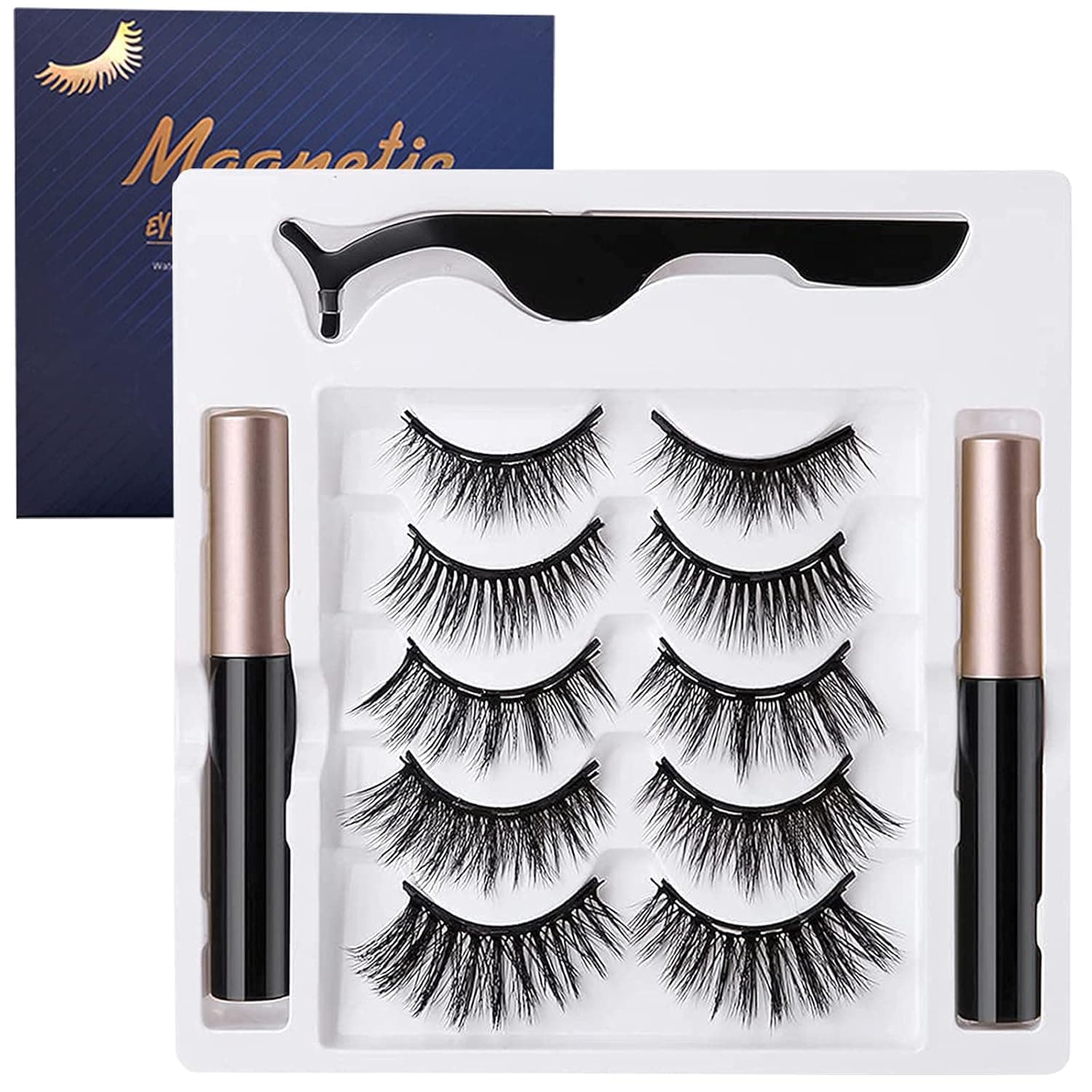 Magnetic Eyelashes and Eyeliner Kit - Prgislew Upgraded Magnetic Eyelashes Kit Includes 10 Pairs Eyelashes + 2 Tubes Eyeliners + 1pcs Tweezers for Reusable Eyeliner and Eyelashes Kit (5 Pairs)