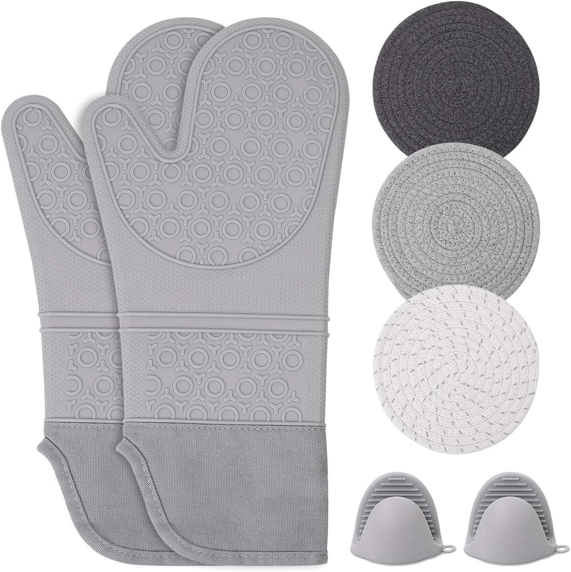 Silicone Oven Mitts with Quilted Liner Heat Resistant Pot Holders and Mini Oven Mittens Flexible Oven Gloves (Grey, 15inch)
