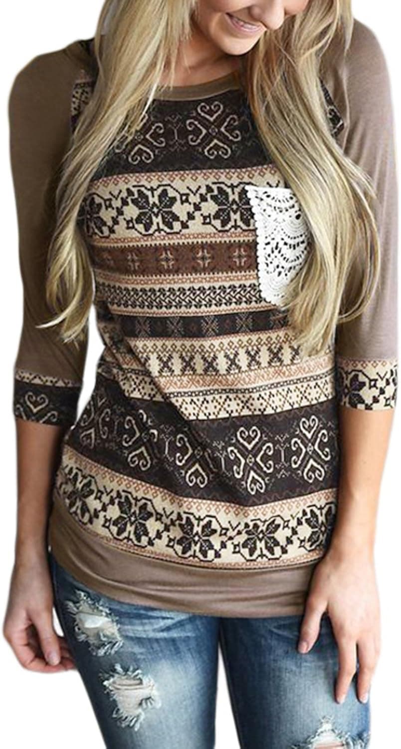 Podlily Women 3/4 Sleeve Casual Stripes Top with Front Lace Crochet Pocket Blouses(S-XXL)