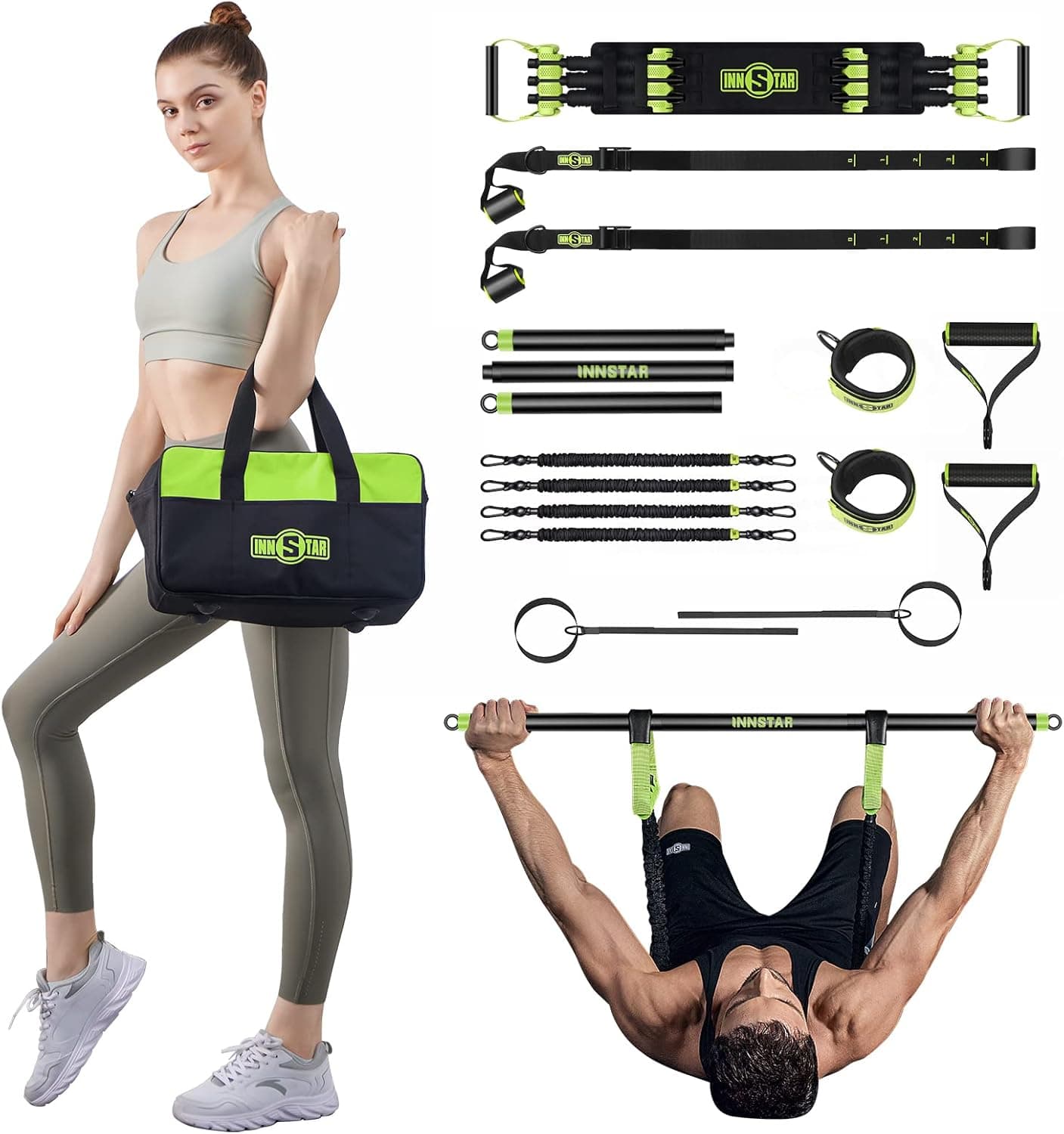 INNSTAR Upgraded Portable Home Gym 5.0, Adjustable Bench Press Resistance Bands,Full Body Workout Strength Training Equipment with Detachable Fitness Bar, Handles,for Home,Travel,Gym