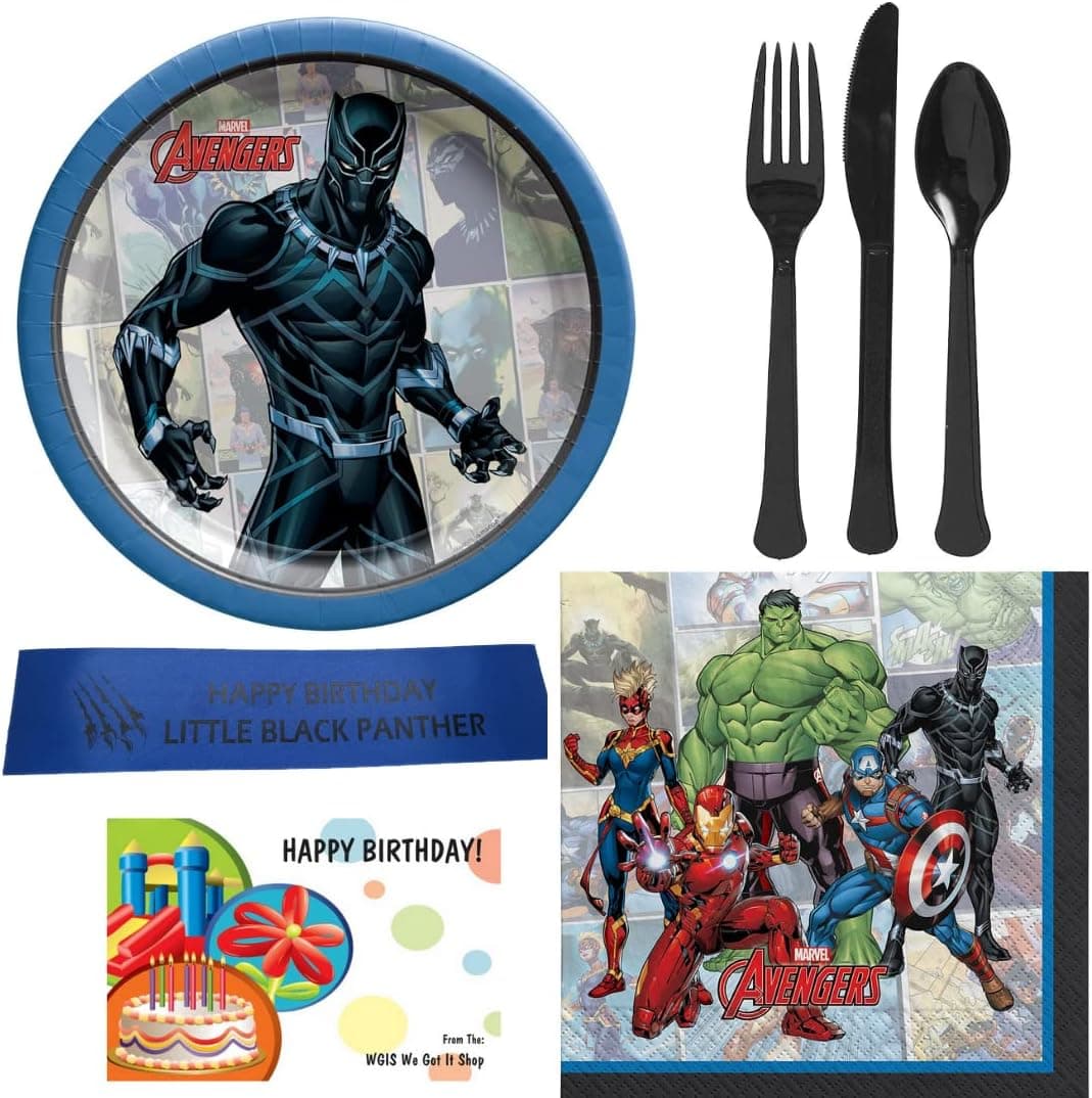 Amscan Black Panther Birthday Party Supplies Bundle Including Plates, Napkins, Utensils and WGIS We Got It Shop Printed Ribbon