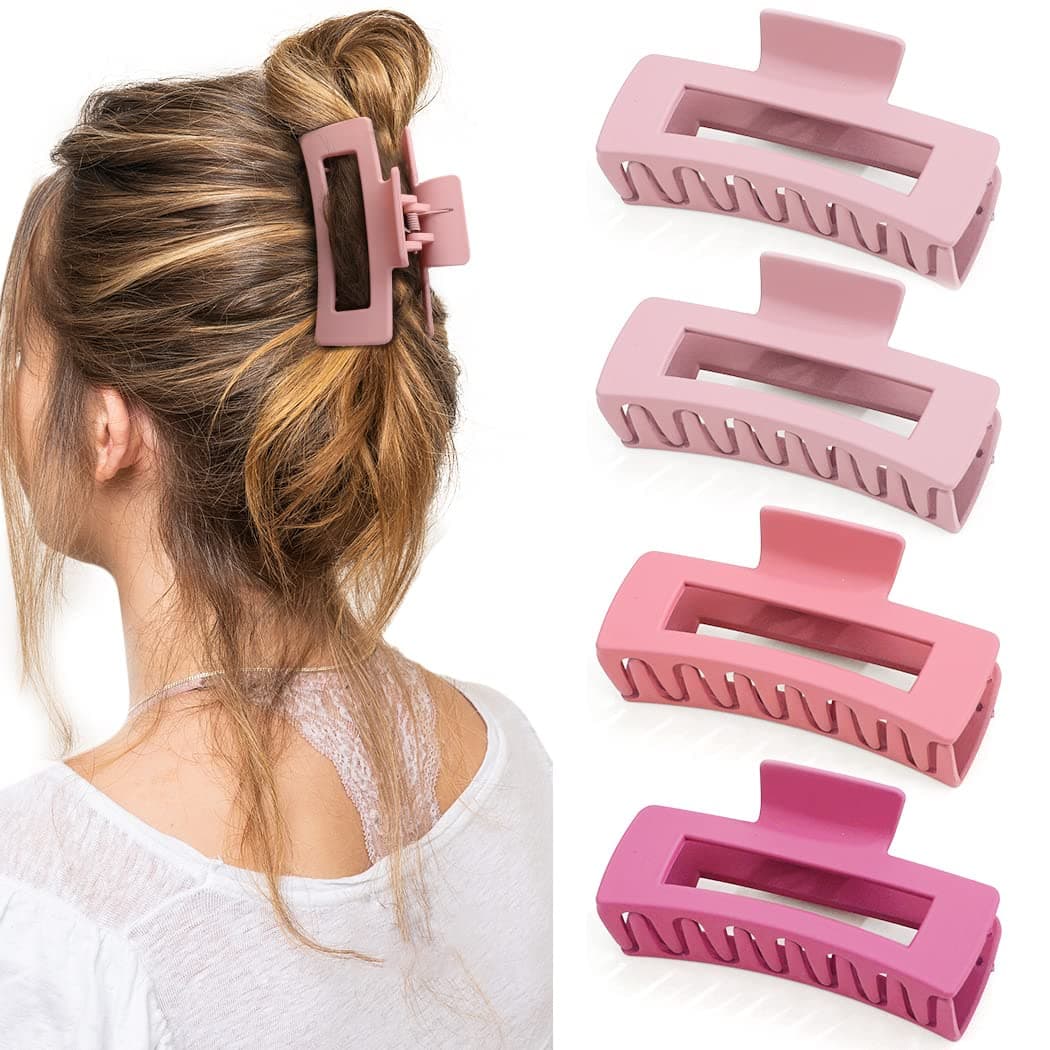 Canitor Pink Hair Clips 4PCS Pink Claw Clips Hair Clips for Women Thick Hair Matte Rectangular Hair Clips Barrettes French Design Non-slip Clip Large Hair Clips for Thick Hair