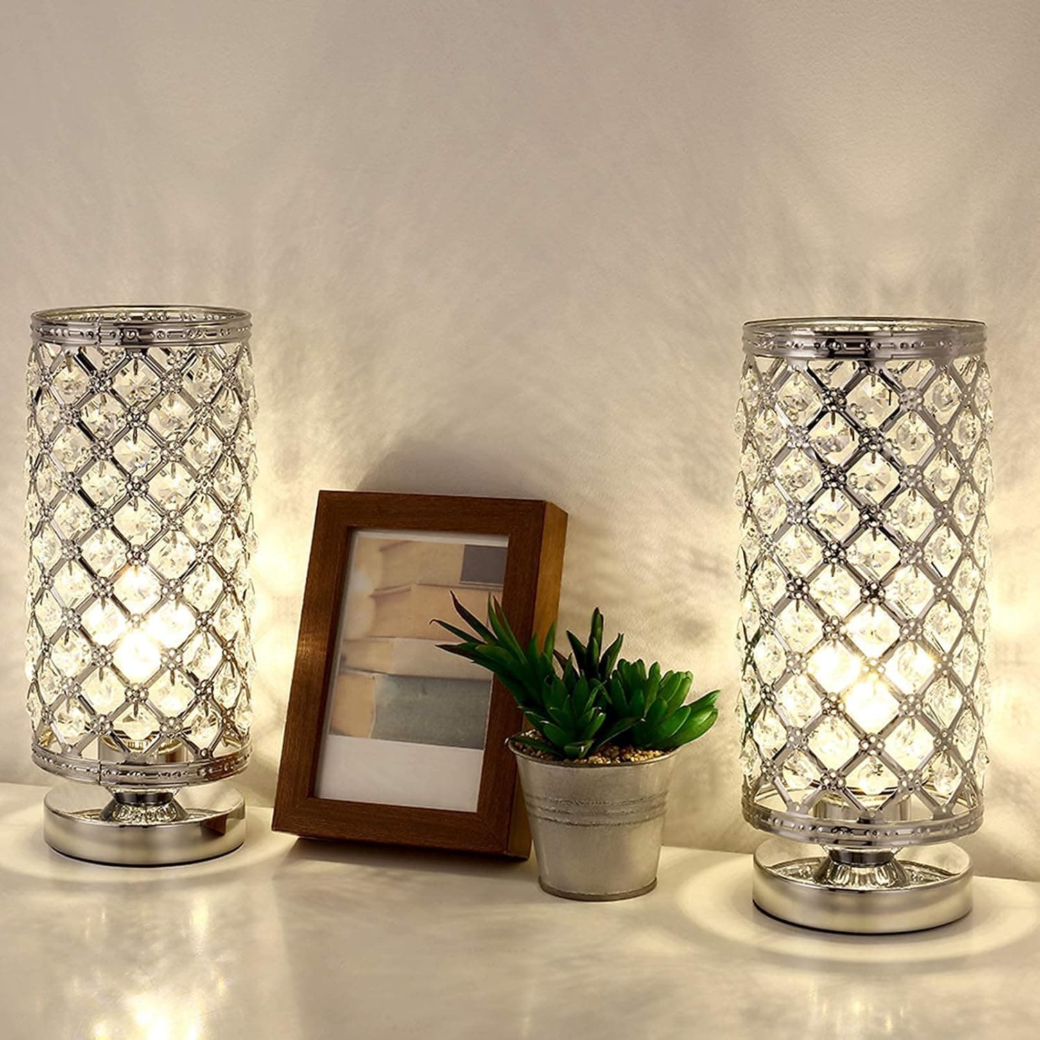 ETELI Crystal Table Lamps Set of 2, Modern Elegant Decorative Small Desk Light with Crystal Beads Hollowed Out Metal Lampshade and Base for Bedroom Living Room Kids Room