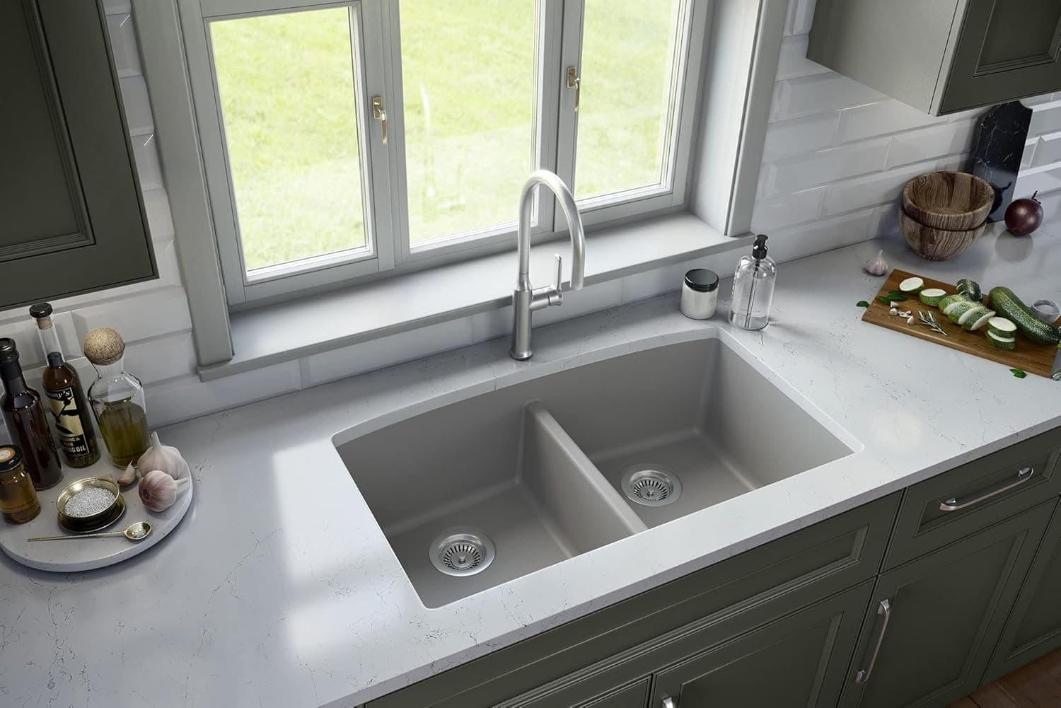 Karran QU-710 Undermount Quartz Composite 32 in. 50/50 Double Bowl Kitchen Sink in Grey