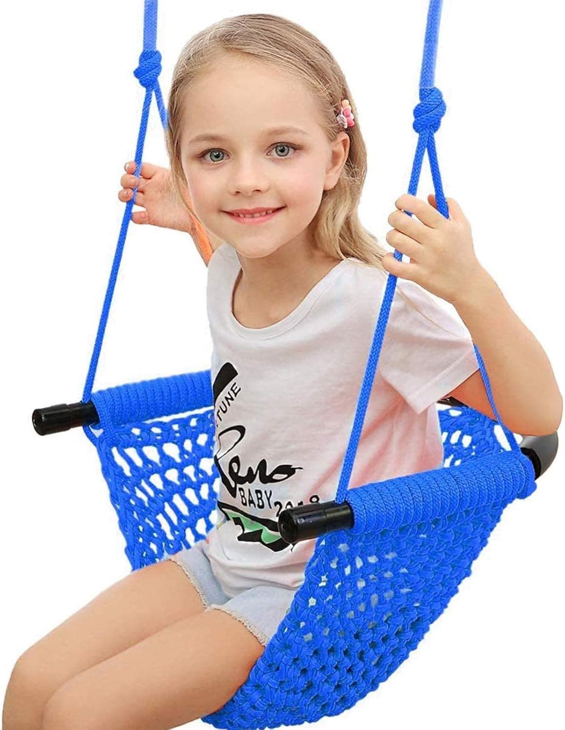 Uquer Kids Swing, Heavy Duty Hand Woven Swing Seat for Children, Perfect for Playground, Indoor and Outdoor, with Snap Hooks and Swing Straps, 200KG/440LBS Capacity (Blue)