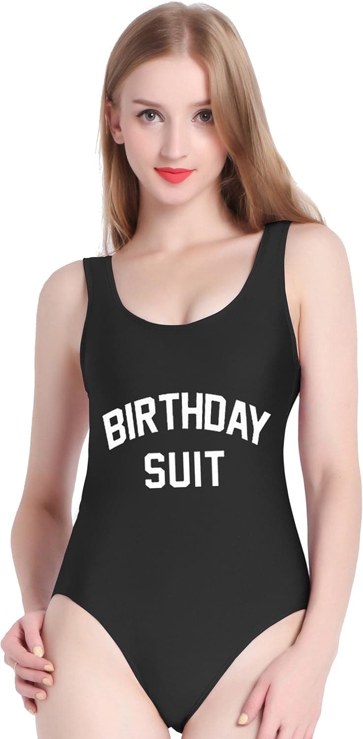 PINJIA Cute One Piece Swimsuit with High Cut and Low Back for Women Bathing Suits(XL, Black Birthday Suit)