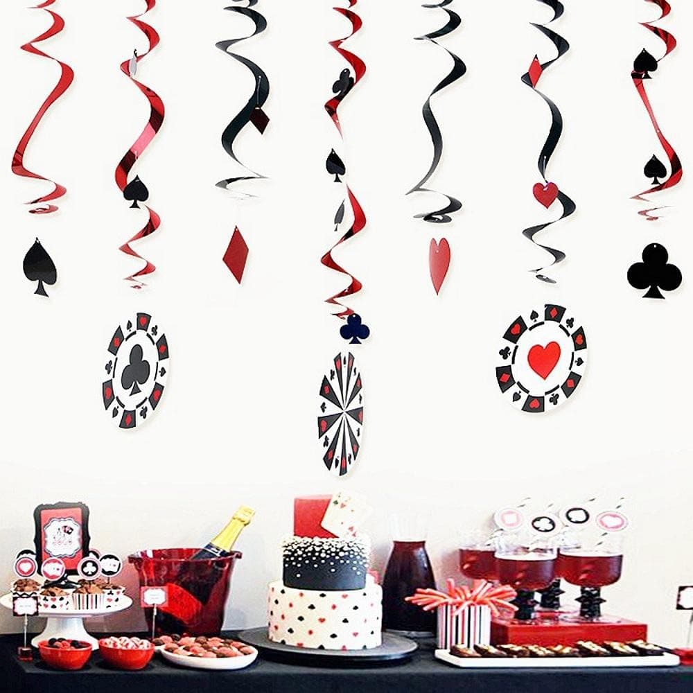 Pack of 9 Pieces Foil Swirls Casino Party Decorations Hanging Swirls Wall Background Ceiling Playing Card Swirls Poker Card Decor Party Supplies