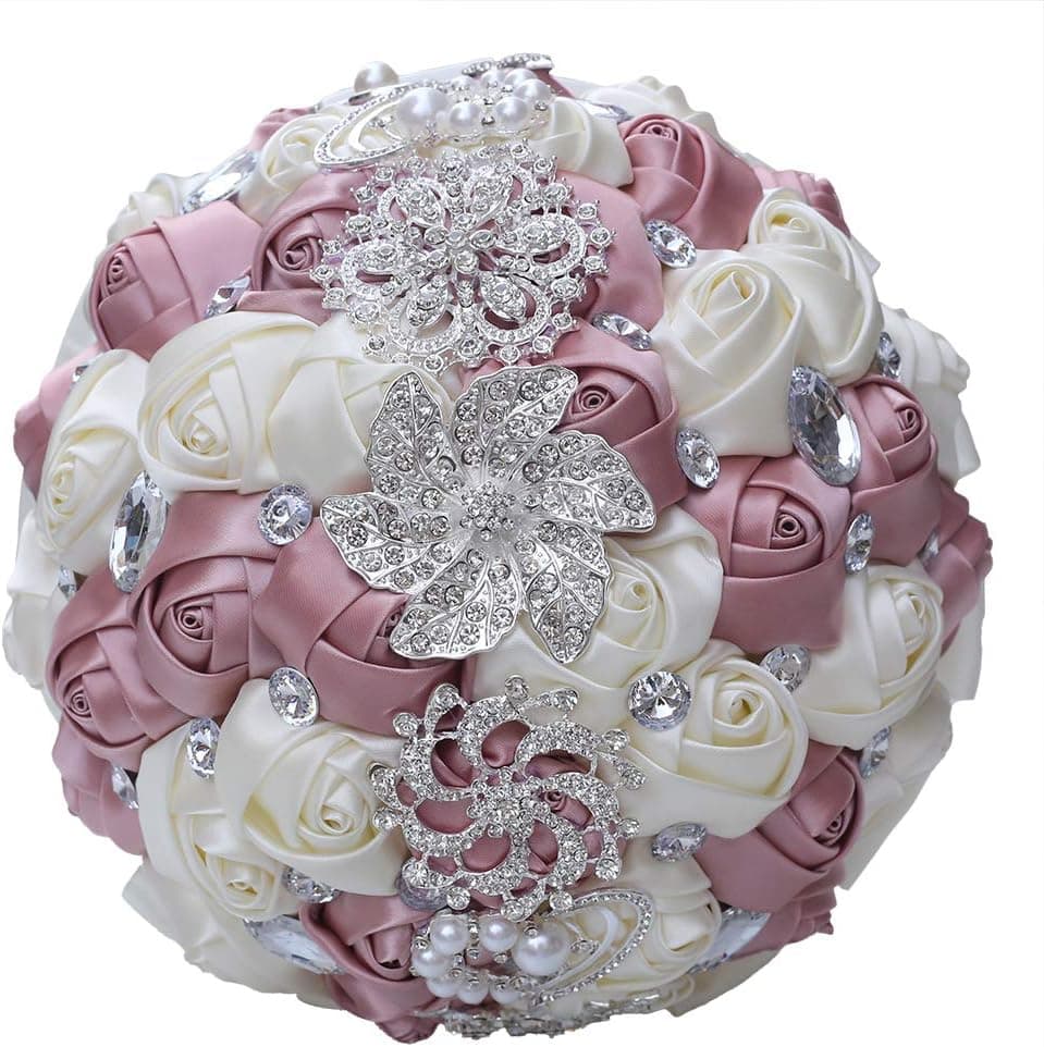 Handmade Romantic Wedding Bouquet Bridal Holding Bouquets Bride Bridesmaid Bouqeut Wedding Decoration Silk Flowers with Rhinestone Decor (Pink + White)
