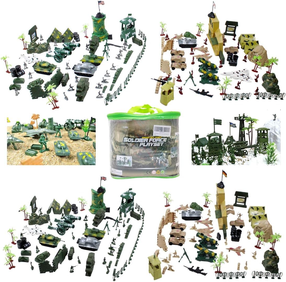 deAO 301 Piece Military Playset with Toy Soldiers; Military Figures; Tanks; Planes; Flags; Carry Case and Battlefield Accessories