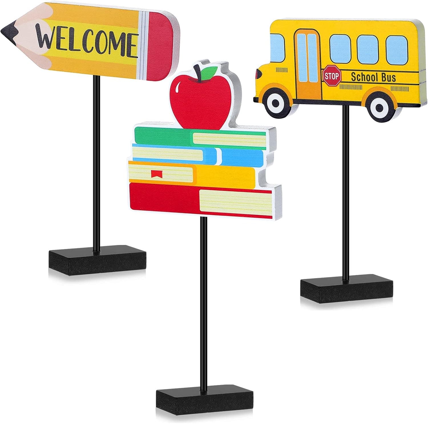 3 Pieces Back to School Wood Table Decor Pencil Book Bus Tall Standing Wooden Table Centerpiece Back to School Wooden Table Topper Sign for Classroom Decor