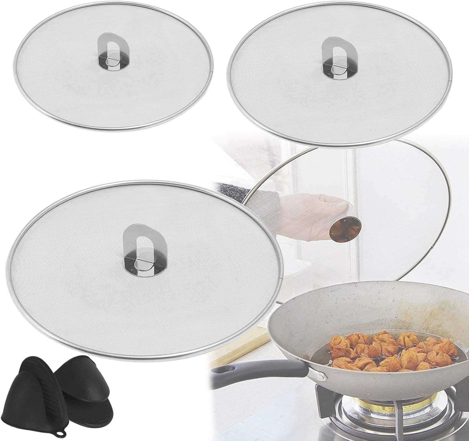 3Pcs Splatter Screen for Frying Pan with 1pair Silicone Pot Mitts, 10In 11.5In and 13In Stainless Steel Grease Splatter Guard Splatter Guard for Frying Pan