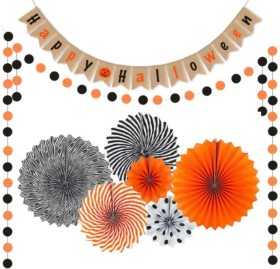 YBB Halloween Party Decorations Kit Banner Set, Happy Halloween Burlap Banner,Hanging Paper Fans And Orange & Black Circle Banner Garland for Home Halloween Party Backdrop Decoration Supplies