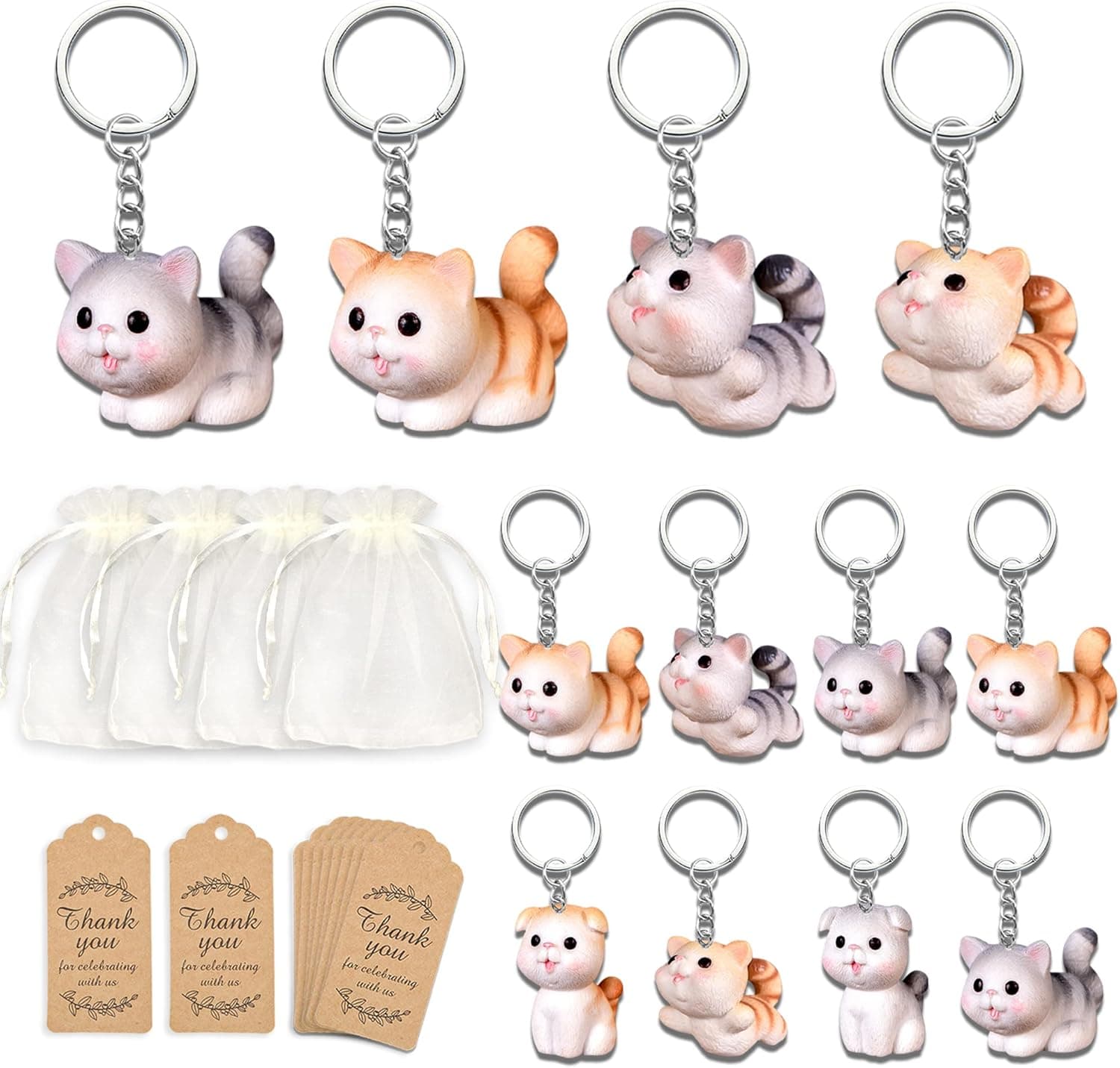 BUYWUMORE 8 Pack Cat Party Favors, Cute Cat Hanging Keychain with Organza Bags Thank You Kraft Tags for Cat lovers Themed Birthday Party Gifts Backpack Key Decorations Classroom Rewards