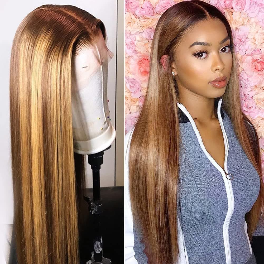 Manhoter Lace Front Wigs Human Hair 180% Density Highlight Ombre Colored Straight Wig Brazilian 4/27 Ombre Blonde 13x4 Lace Front Human Hair Wigs for Black Women(22 Inch)