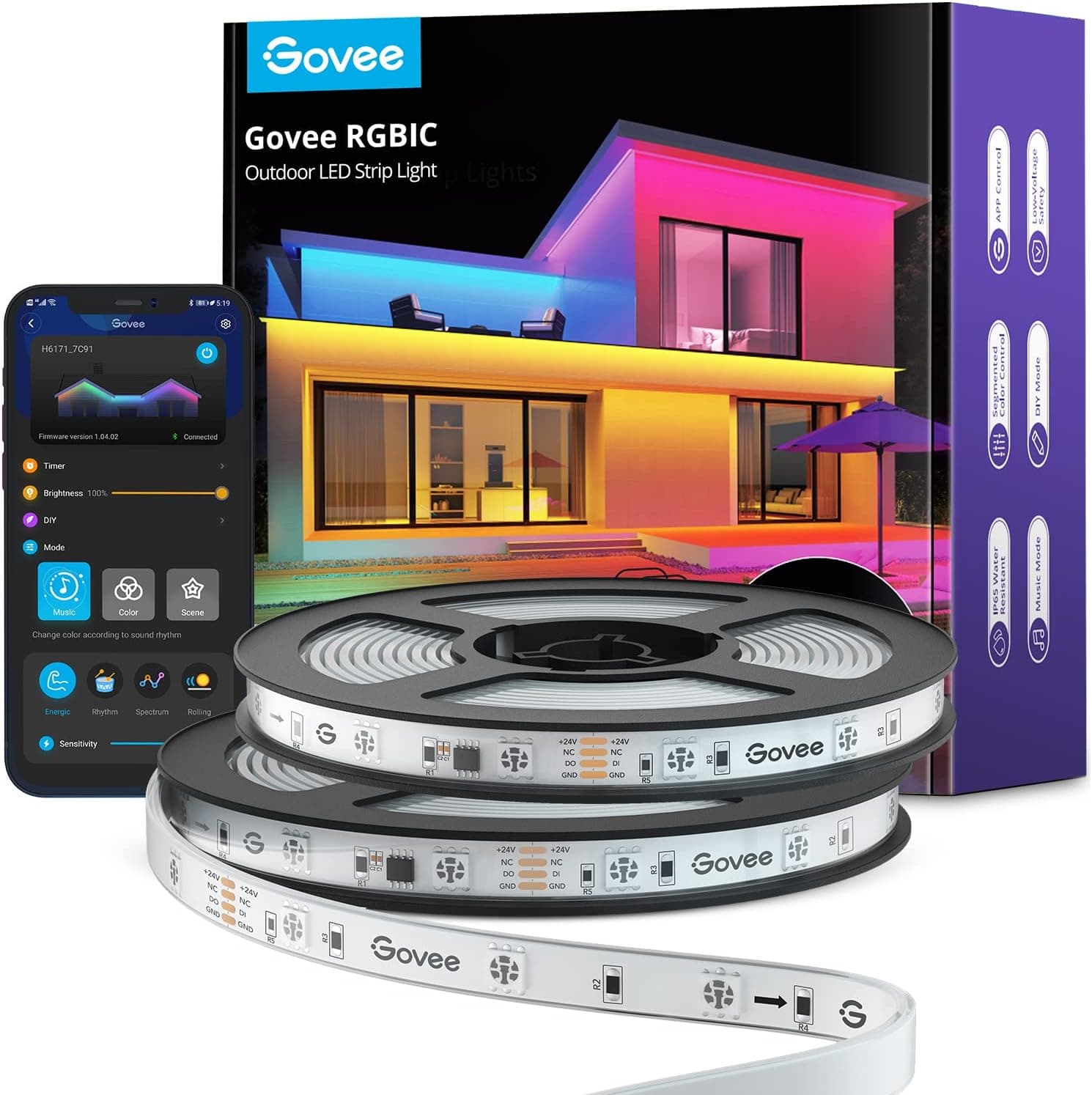 Govee WiFi Outdoor LED Strip Lights Waterproof, 65.6ft RGBIC Outdoor Rope Lights Work with Alexa, App control LED Outdoor Lights, Smart Tape Lights for Eave Roof Pool Balcony Garden, 2 Ropes of 32.8ft